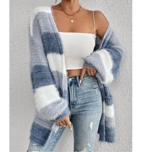 Cozy Fuzzy Color Block Open Front Pockets Loose Fit Cardigan S M L